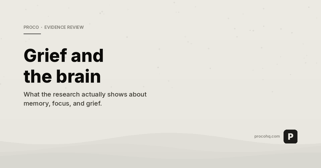 Soft, calm terrain-wave illustration in cream and stone tones with the headline Grief and the brain