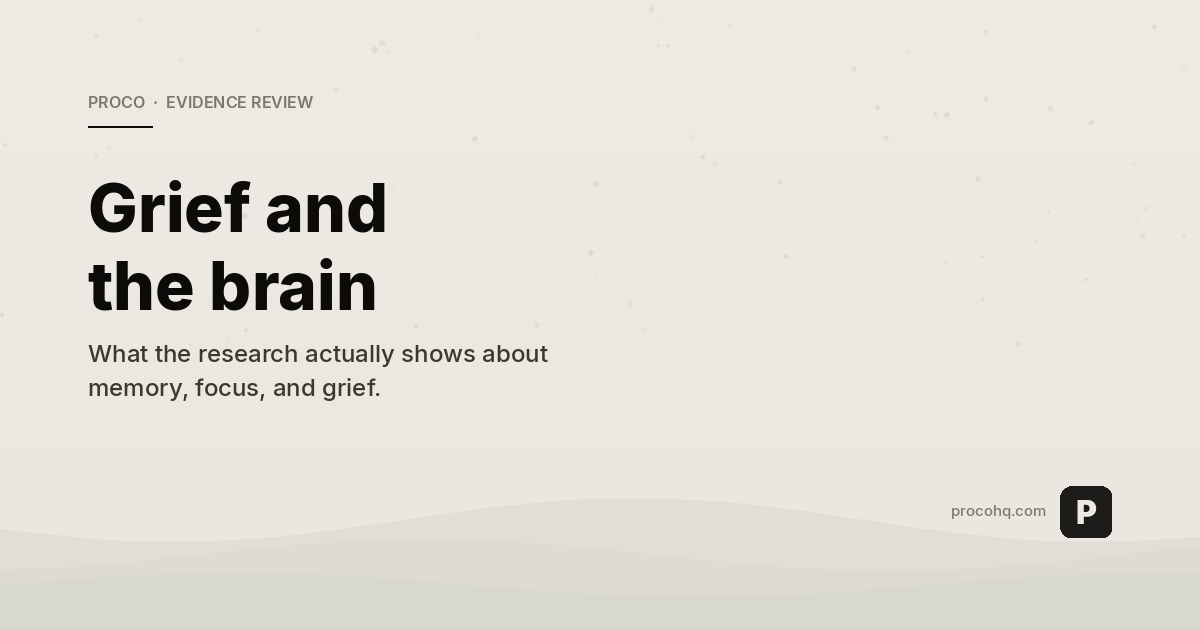 Soft, calm terrain-wave illustration in cream and stone tones with the headline Grief and the brain