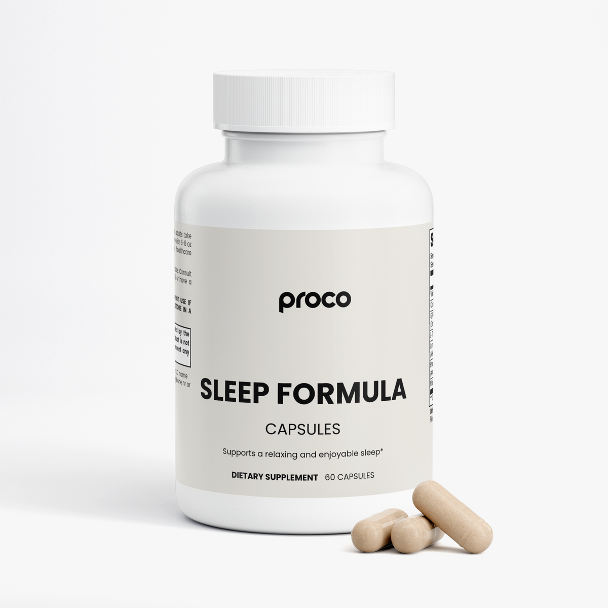 Proco Sleep Formula bottle with capsules beside it