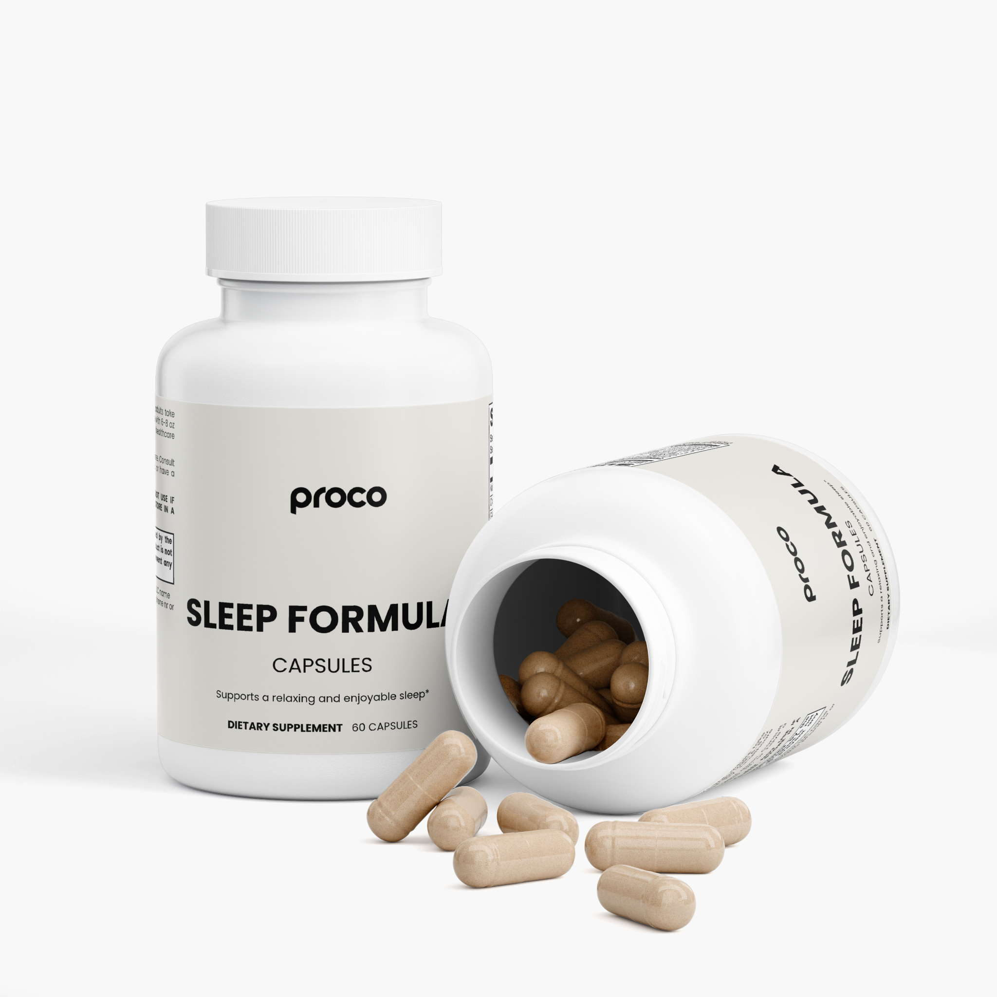 Proco Sleep Formula bottle open with capsules next to a second bottle