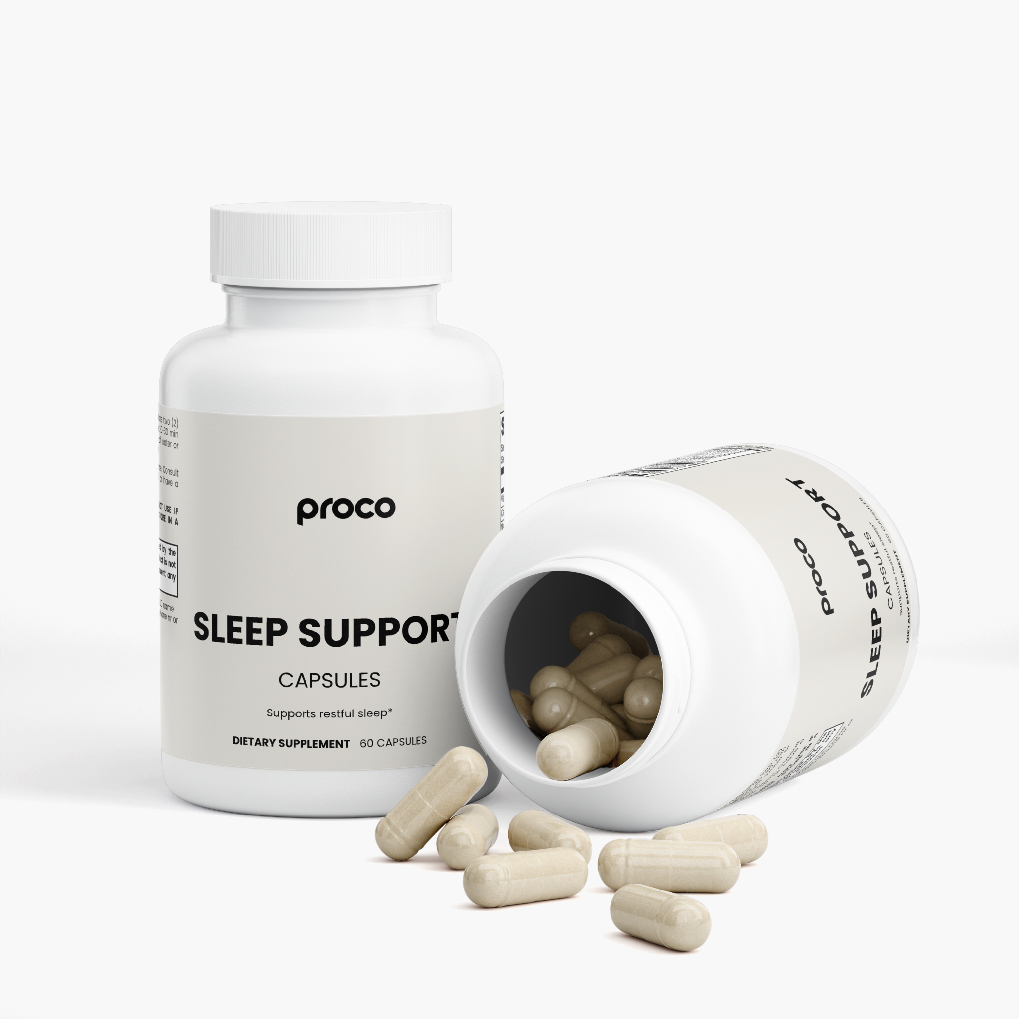 Proco Sleep Support bottle open with capsules next to a second bottle