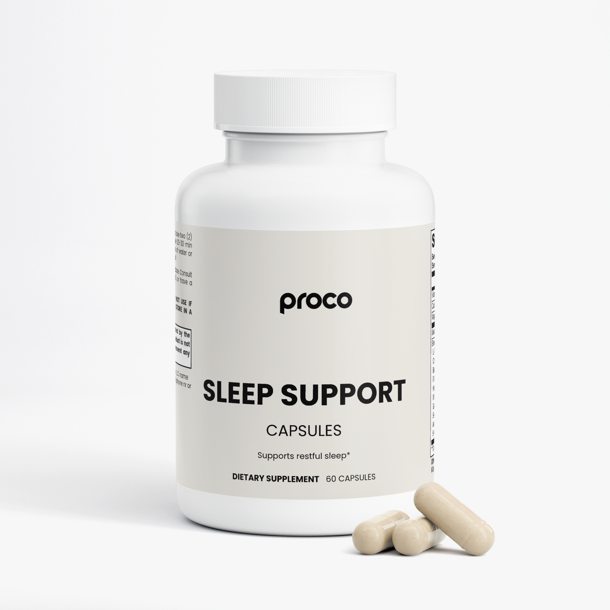 Proco Sleep Support bottle with capsules beside it
